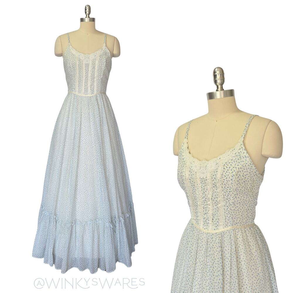 Gunne Sax White Floral Maxi Dress Size 9 Vintage 70s Prairie Wedding Corset